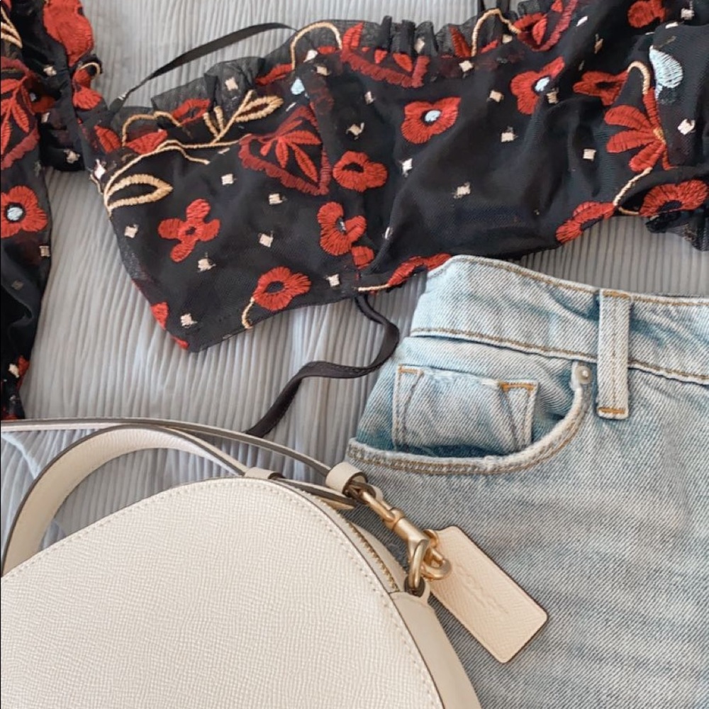 Crop off the shoulder mesh top